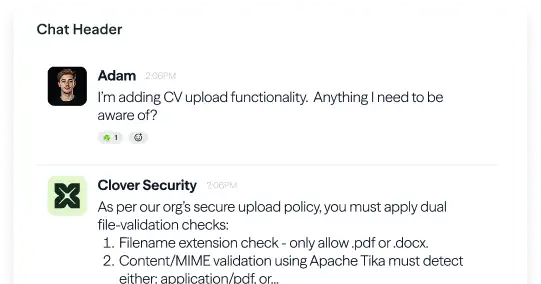 Clover Security IMs in Slack and Teams