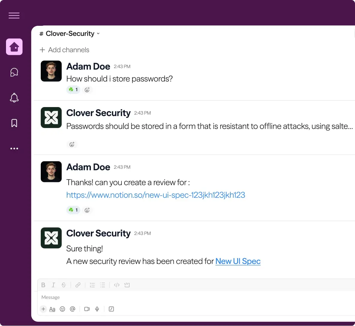 Clover Security IMs in Slack and Teams